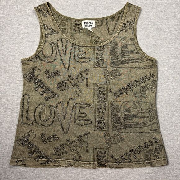 Chicos tank top missy size 3 embroidered green positive vibes 100% cotton - Picture 1 of 6